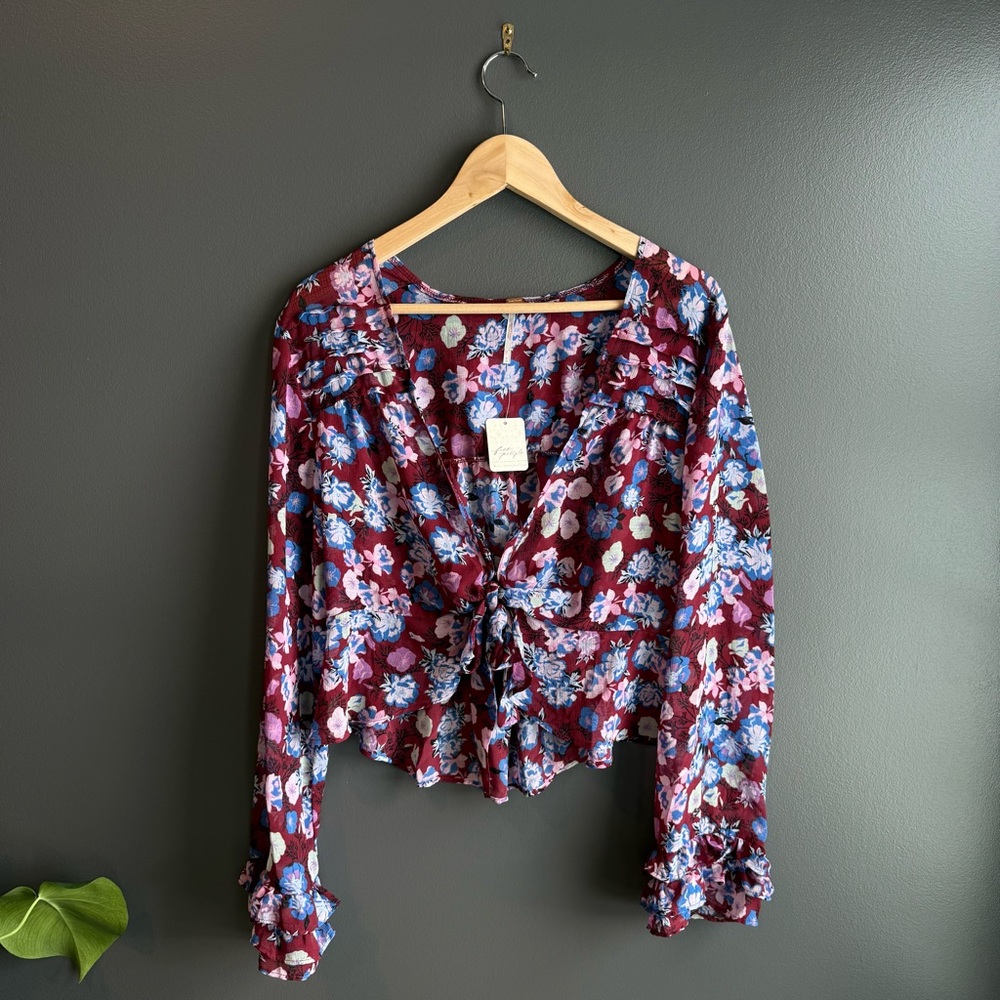 Free People Maybel Floral Blouse with Tie Front Purple, Blue NWT Size M